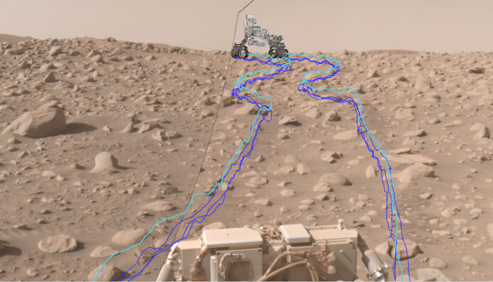 This composite image, acquired June 29 and annotated at JPL using visualization software, shows Perseverance’s path through a dense section of boulders. The pale blue line indicates the course of the center of the front wheel hubs, while darker blue lines show the paths of the rover’s six wheels. (NASA/JPL-Caltech)
