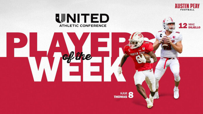 United Athletic Conference names Austin Peay State University Football's Mike DiLiello and Kam Thomas it's Offensive and Special Teams Players of the Week. (APSU Sports Information)
