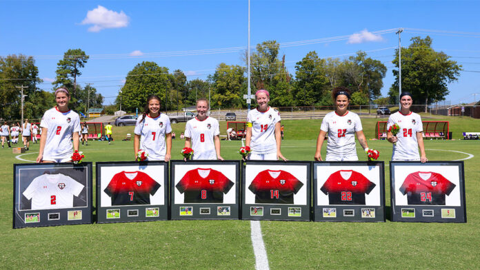 Lindsey McMahon’s Header Leads Austin Peay State University Soccer to Senior Day Win Over North Alabama. (L ro R) Seniors Chloe Murphy, Kirsten Monk, Hannah Wilson, Tori Case, Annabel Anderson, and Emma Dalton. (Carder Henry, APSU Sports Information)