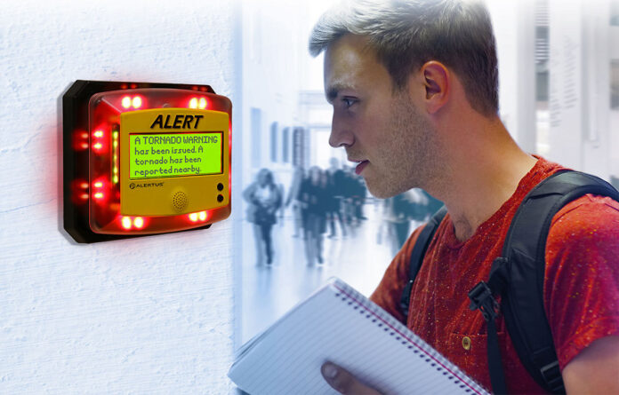 An Alertus Beacon displays a tornado warning. (Alertus Technologies)
