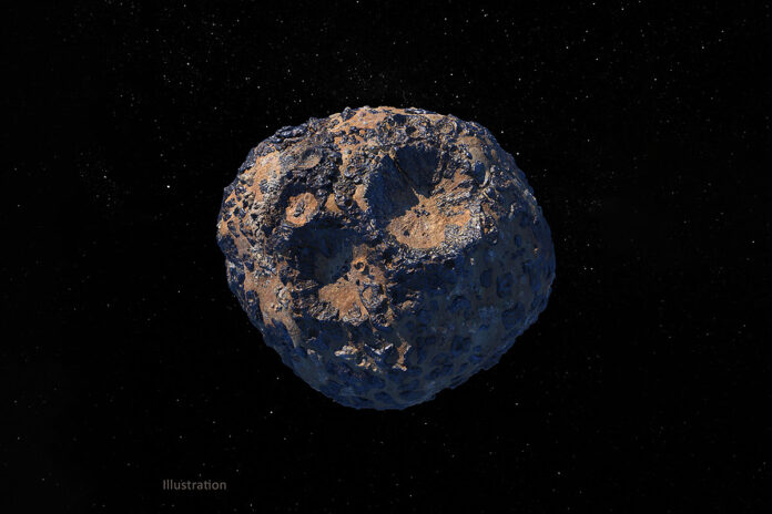 An artist’s concept depicting the metal-rich asteroid Psyche, which is located in the main asteroid belt between Mars and Jupiter. (NASA/JPL-Caltech/ASU)