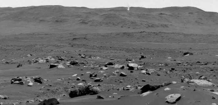 NASA’s Perseverance rover captured this Martian dust devil moving east to west at a clip of about 12 mph (19 kph) along “Thorofare Ridge” on Aug. 30. The video, which was sped up 20 times, is composed of 21 frames taken four seconds apart. It was enhanced in order to show maximal detail. (NASA/JPL-Caltech)