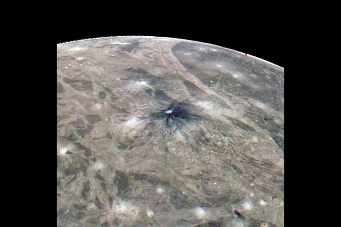 This look at the complex surface of Jupiter’s moon Ganymede came from NASA’s Juno mission during a close pass in June 2021. At closest approach, the spacecraft came within just 650 miles (1,046 kilometers) of Ganymede’s surface. (Image data: NASA/JPL-Caltech/SwRI/MSSSImage processing by Thomas Thomopoulos © CC BY)
