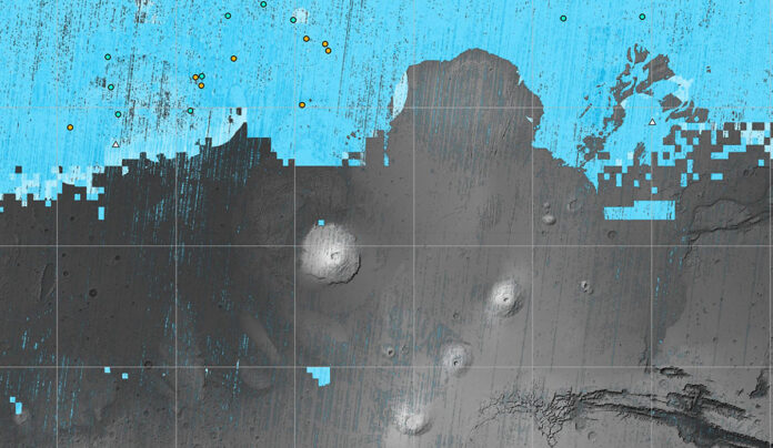 The blue areas on this map of Mars are regions where NASA missions have detected subsurface water ice (from the equator to 60 degrees north latitude). Scientists can use the map – part of the Subsurface Water Ice Mapping project – to decide where the first astronauts to set foot on the Red Planet should land. (NASA/JPL-Caltech/Planetary Science Institute)