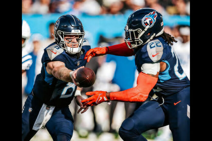 Tennessee Titans Quarterback #2 Will Levis hands off to Running Back #22 Derrick Henry. (Tennessee Titans)