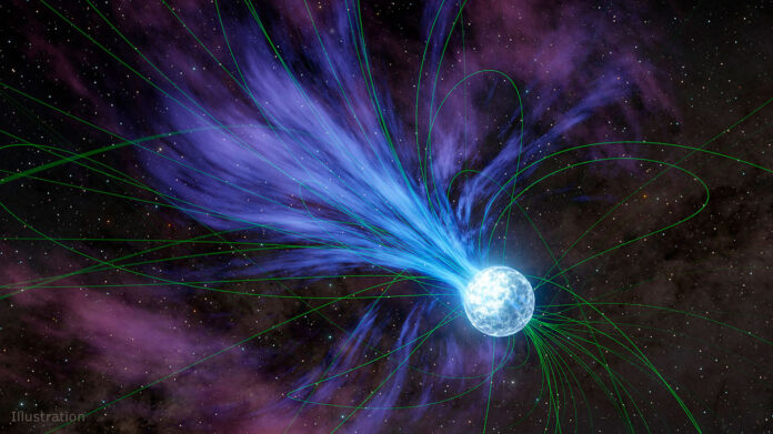 In an ejection that would have caused its rotation to slow, a magnetar is depicted losing material into space in this artist’s concept. The magnetar’s strong, twisted magnetic field lines (shown in green) can influence the flow of electrically charged material from the object, which is a type of neutron star. (NASA/JPL-Caltech)