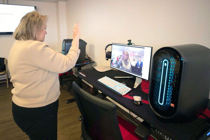 The newly-opened Furniture Connection’s EdTech Studio at Austin Peay State University is equipped with online teaching stations for teacher candidates to familiarize themselves with virtual instruction tools, like this webcam that follows their movements. (Madison Casey, APSU)