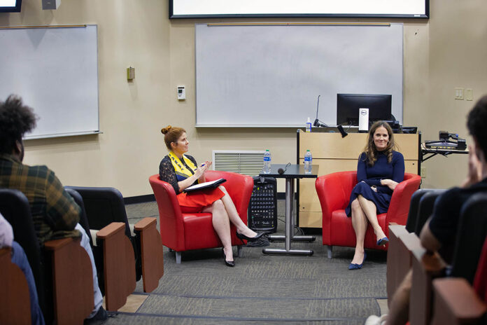 Dr. Emily Lean interviews Nashville Soccer Club’s Lindsey Paola. (Madison Casey, APSU)