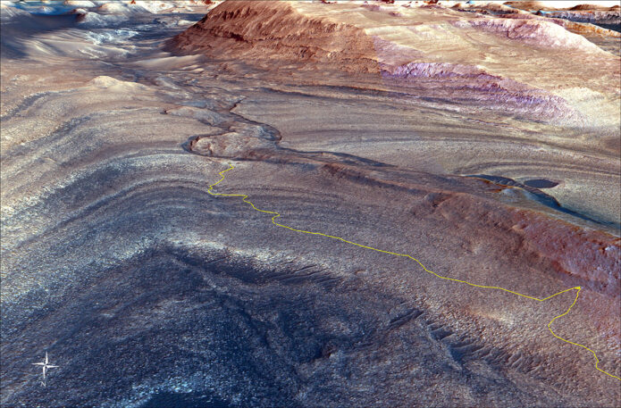 The steep path NASA’s Curiosity Mars rover took to reach Gediz Vallis channel is indicated in yellow in this visualization made with orbital data. At lower right is the point where the rover veered off to get an up-close look at a ridge formed long ago by debris flows from higher up on Mount Sharp. (NASA/JPL-Caltech/UC Berkeley)