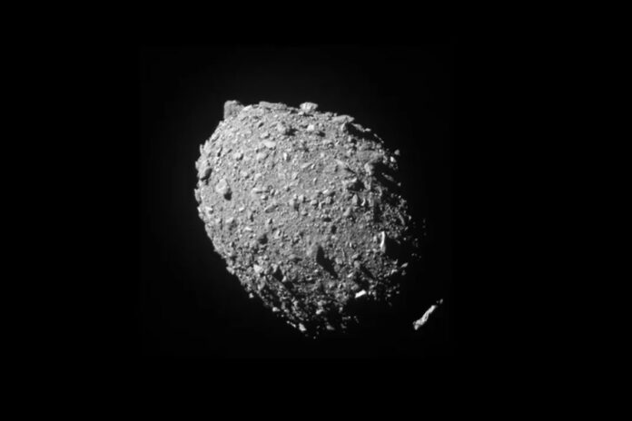 The asteroid Dimorphos was captured by NASA’s DART mission just two seconds before the spacecraft struck its surface on Sept. 26, 2022. Observations of the asteroid before and after impact suggest it is a loosely packed “rubble pile” object. (NASA/Johns Hopkins APL)