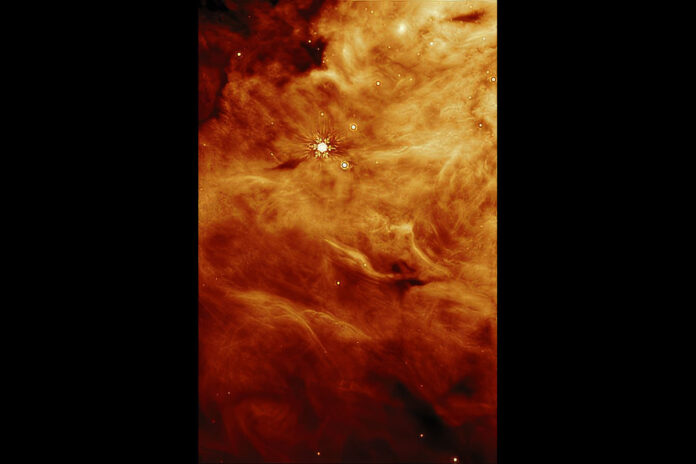 This image by Webb’s MIRI instrument shows the protostar IRAS 23385. Astronomers using Webb discovered that key ingredients for making potentially habitable worlds are present in the ice surrounding IRAS 23385 and another young protostar in places where planets have not yet formed. (NASA, ESA, CSA, W. Rocha (Leiden University))