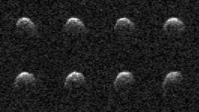 The day before asteroid 2008 OS7 made its close approach with Earth on Feb. 2, this series of images was captured by the powerful 230-foot (70-meter) Goldstone Solar System Radar antenna near Barstow, California. (NASA/JPL-Caltech)