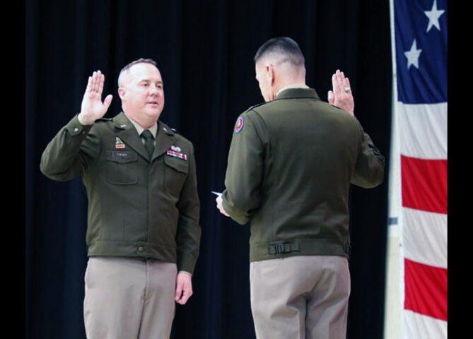 Brig. Gen. Steven Turner, Tennessee’s newest brigadier general, is sworn into his position by Maj. Gen. Jimmie Cole, Tennessee’s Deputy Adjutant General, during a ceremony at the Tennessee National Guard’s Joint Forces Headquarters in Nashville, March 3rd. (Lt. Col. Darrin Haas)