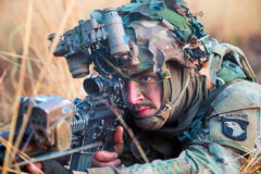 Spc. Issaic Billings, an infantryman from 2nd Brigade Combat Team, 101st Airborne Division(Air Assault), pulls security during an engagement with the opposing force (OPFOR), as part of Operation Lethal Eagle24,1, April 25, 2024, Fort Campbell KY. (Spc. Zachery Blevins, 101st Airborne Division (Air Assault))