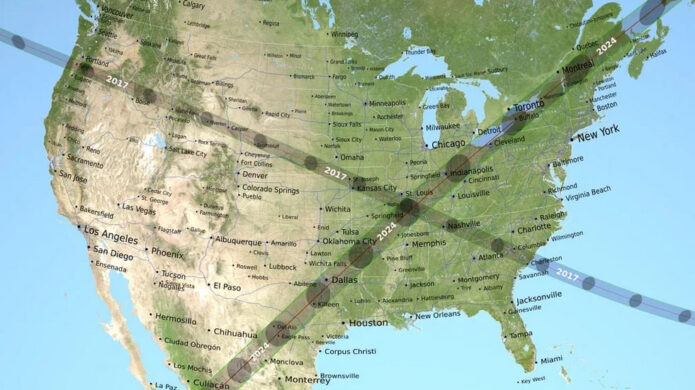 This map shows the path of the 2017 total solar eclipse, crossing from Oregon to South Carolina, and the 2024 total solar eclipse, crossing from Mexico into Texas, up to Maine, and exiting over Canada.