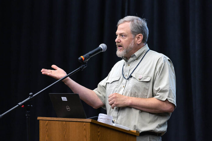 Dr. Donald Sudbrink, chair of Austin Peay State University’s Department of Agriculture, speaks at the Clarksville Arts and Heritage Council’s Tobacco Talks series on June 27th, 2023. (Sean McCully, APSU)