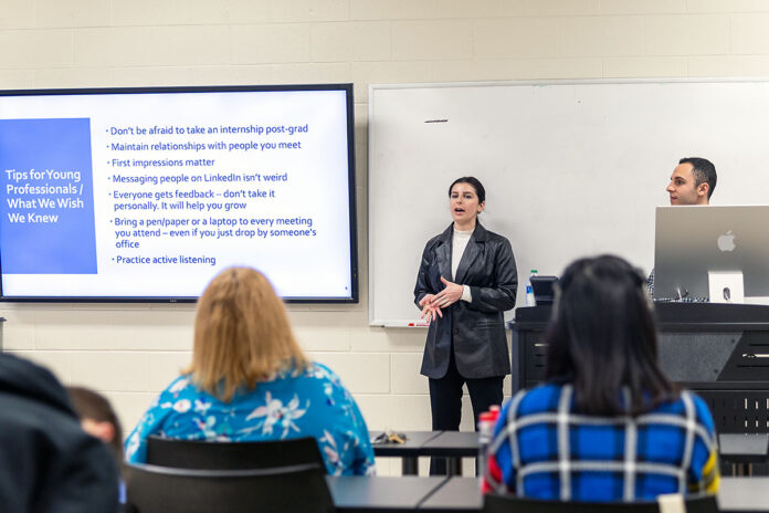 Communication professionals Olivia Parven and Ian Weiner share tips with Austin Peay State University students during a campus visit. (APSU)