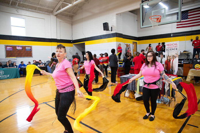 Denise Galben and her dance fitness team lead a session at Burt Elementary School during the 2024 Wellness Hub. (Madison Casey, APSU)