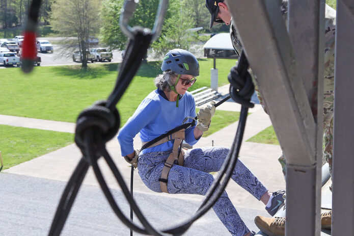 Civilian Aides to the Secretary of the Army (CASAs) descend the rappel wall at the Sabalauski Air Assault School on Fort Campbell, Ky., April 15, 2024. The 101st hosted the CASAs and their spouses during the 2024 CASA Conference. (Spc. Jayden Woods, 40th PAD) 