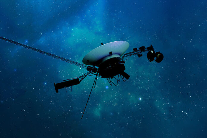 NASA’s Voyager 1 spacecraft is depicted in this artist’s concept traveling through interstellar space, or the space between stars, which it entered in 2012. (NASA/JPL-Caltech)