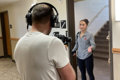 Cadet Ava Bender, a freshman finance major, conducts an interview and dorm tour while filming for a national Army marketing campaign. (Ethan Steinquest, APSU)