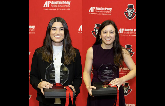 Austin Peay State University senior biology major Emma Dalton, left, and graduate history major Madeline Thompson are recognized during the APSU Student Organization and Leader Awards. (Sean McCully, APSU)