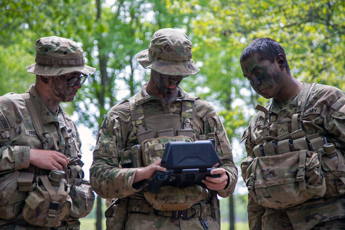 Soldiers assigned to Multi Functional Reconnaissance Company, 2nd Brigade Combat Team, 101st Airborne Division (Air Assault), conduct area reconnaissance using an Unmanned Aerial Surveillance (UAS) drone during Operation Lethal Eagle 24.1 at Fort Campbell KY, April 25th, 2024. (Sgt. Caleb Pautz, 101st Airborne Division (Air Assault))