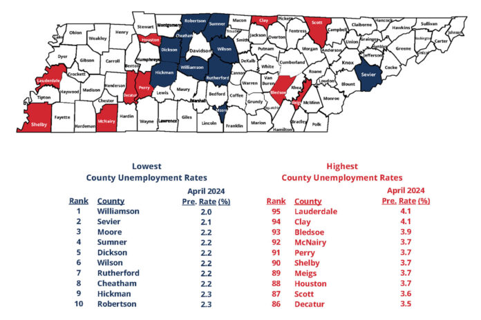 Tennessee County Unemployment Rate for April 2024