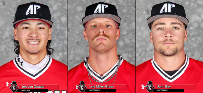 Austin Peay State University Baseball's Jon Jon Gazdar, Lyle Miller-Green, and John Bay. (APSU Sports Information)