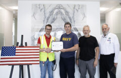 (L to R) Mauro Tortorelli, Award Recipient, John West, Navy Reservist and Florim USA Employee, Massimo Debbia, Florim USA, Stephen Baird, ESGR TN Representative.