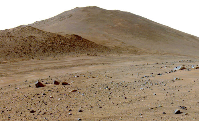 NASA’s Perseverance rover was traveling in the ancient Neretva Vallis river channel when it captured this view of an area of scientific interest named “Bright Angel” — the light-toned area in the distance at right — with one of its navigation cameras on June 6. (NASA/JPL-Caltech )