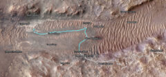 Superimposed on an image from NASA’s Mars Odyssey orbiter, this map shows Perseverance’s path between Jan. 21 and June 11. White dots indicate where the rover stopped after completing a traverse beside Neretva Vallis river channel. The pale blue line indicates the rover’s route inside the channel. (NASA/JPL-Caltech/University of Arizona)