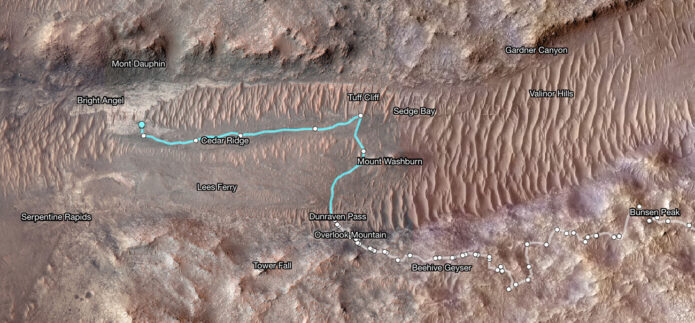 Superimposed on an image from NASA’s Mars Odyssey orbiter, this map shows Perseverance’s path between Jan. 21 and June 11. White dots indicate where the rover stopped after completing a traverse beside Neretva Vallis river channel. The pale blue line indicates the rover’s route inside the channel. (NASA/JPL-Caltech/University of Arizona)