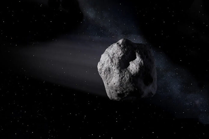 This artist’s concept depicts an asteroid drifting through space. Many such objects frequently pass Earth. To help prepare for the discovery of one with a chance of impacting our planet, NASA leads regular exercises to figure out how the international community could respond to such a threat. (NASA/JPL-Caltech)