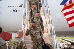 Col. Ricardo A. Turner, commander of 3rd Brigade Combat Team “Rakkasans”, salutes Maj. Gen. Brett Sylvia, commanding general of the 101st Airborne Division (Air Assault) and Fort Campbell, as Soldiers touch down in Fort Campbell, Ky. on July 18, 2024. The 3rd Brigade Combat Team “Rakkasans” returned home following a nine month deployment to Eastern Europe as a part of Operation Assure, Deter and Reinforce. (U.S. Army photo by Spc. Parris Kersey)
