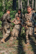 Soldiers from the 2nd Mobile Brigade Combat Team, 101st Airborne Division (Air Assault) take part in a medical training simulation, reacting to contact and treating casualties at the Joint Regional Training Center (JRTC) at Ft. Johnson, LA on August 18th, 2024. (Staff Sgt. Joshua Joyner, 101st Airborne Division)