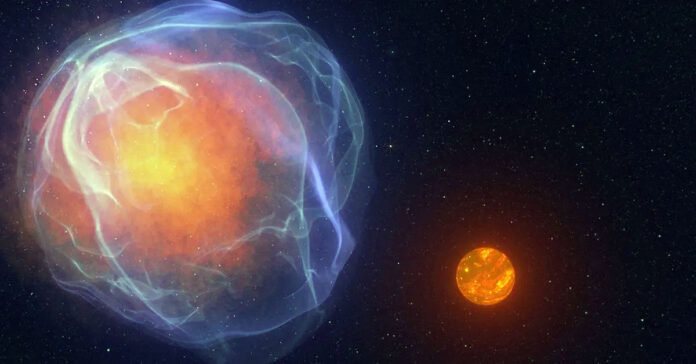 This artist's concept shows a hypothetical white dwarf, left, that has exploded as a supernova. The object at right is CWISE J1249, a star or brown dwarf ejected from this system as a result of the explosion. This scenario is one explanation for where CWISE J1249 came from. (W.M. Keck Observatory/Adam Makarenko)