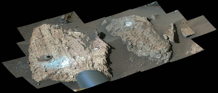 “Cheyava Falls” (left) shows the dark hole where NASA’s Perseverance took a core sample; the white patch is where the rover abraded the rock to investigate its composition. A rock nicknamed “Steamboat Mountain” (right) also shows an abrasion patch. This image was taken by Mastcam-Z on July 23. (NASA/JPL-Caltech/ASU/MSSS)