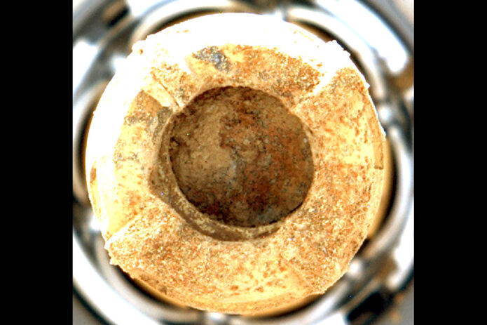 NASA’s Perseverance used its Mastcam-Z instrument to view the “Cheyava Falls” rock sample within the rover’s drill bit. Scientists believe markings on the rock contain fascinating traits that may bear on the question of whether Mars was home to microscopic life in the distant past. (NASA/JPL-Caltech/ASU/MSSS)