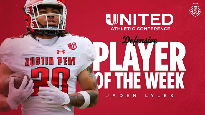 Austin Peay State University Football's Jaden Lyles named UAC Defensive Player of the Week. (APSU Sports Information)