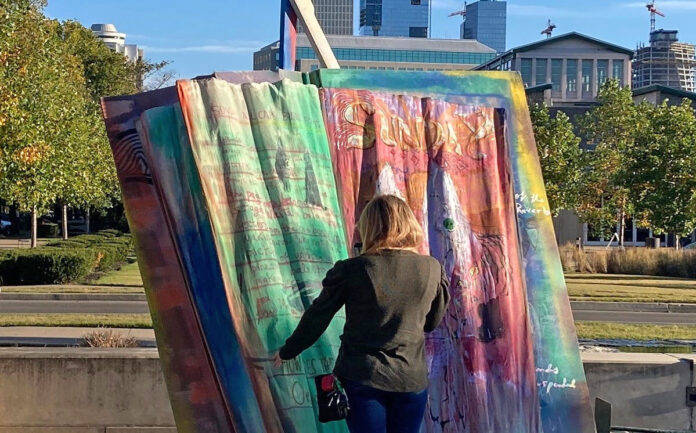 A giant book installation created by Austin Peay State University Professor of Art + Design Paul Collins on display at the 2023 Southern Festival of Books. (Paul Collins)