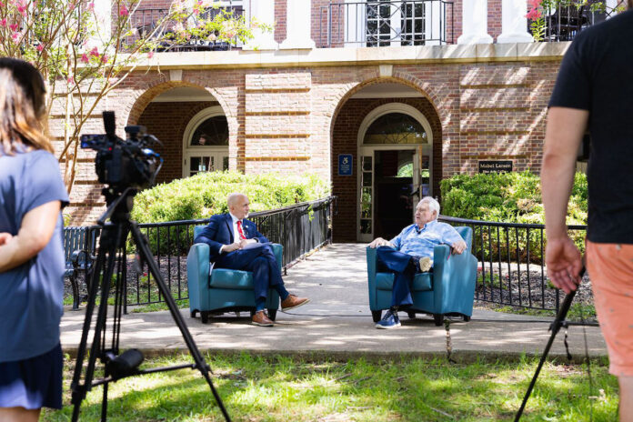 Dr. Buzz Hoon, dean of the Austin Peay State University College of Arts and Letters, interviews retired art professor Dr. Jim Diehr while filming an episode of the Govs on the Go: Legacy Series podcast. (APSU)