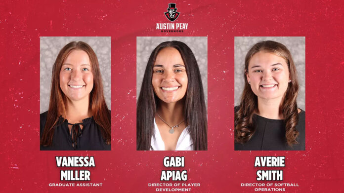 Austin Peay State University Softball head coach Kassie Stanfill Strengthens Staff with Additions of Gabi Apiag, Averie Smith, and Vanessa Miller. (APSU Sports Information)