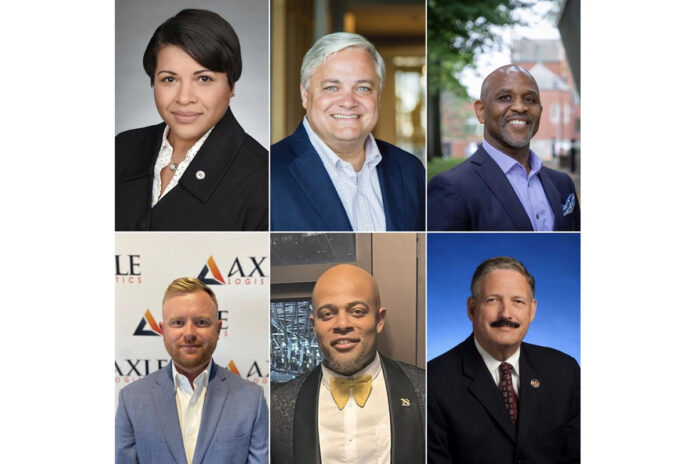 Austin Peay State University’s 2024 Distinguished Alumni, clockwise from top left: Candy Johnson (‘06), Brad Withrow (‘88), Dr. Jerome E. Morris (‘90), Zach Walton (‘14), Blake Golden (‘18), and Tom Chester (‘73). (APSU)