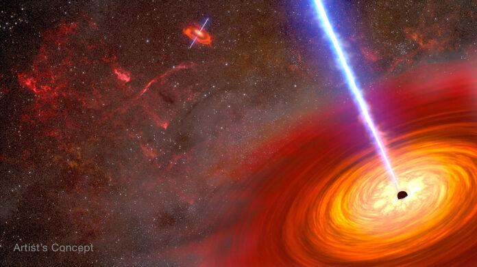 This is an artist's depiction of a pair of active black holes at the heart of two merging galaxies. They are both surrounded by an accretion disk of hot gas. Some of the material is ejected along the spin axis of each black hole. Confined by powerful magnetic fields, the jets blaze across space at nearly the speed of light as devastating beams of energy. (NASA, ESA, Joseph Olmsted (STScI))