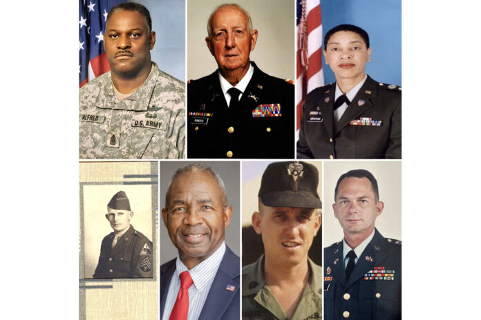 Inductees into the Austin Peay State University Governors Military Hall of Fame Class of 2024, clockwise from top left: Command Sgt. Maj. (Ret.) Anthony L. Alfred, Col. (Ret.) Harold Roberts, Lt. Col. (Ret.) Wanda Bruce Graham, Lt. Col. (Ret.) Jerry V. Jones, the late Command Sgt. Maj. (Ret.) Darol Walker, Lt. Gen. (Ret.) Ronald Bailey, and the late Staff Sgt. Rayburn S. Jackson. (APSU)