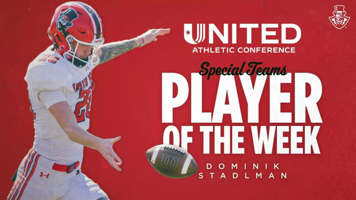 Austin Peay State University Football's Dominik Stadlman Earns First UAC Specialist of the Week Honors for Punting Prowess. (APSU Sports Information)