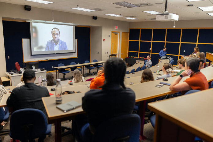 Dr. Christopher Clarke, Austin Peay State University’s assistant vice president for Community Belonging and Success, gives introductory remarks during the inaugural Peayple’s Dialogue. (Sean McCully, APSU)