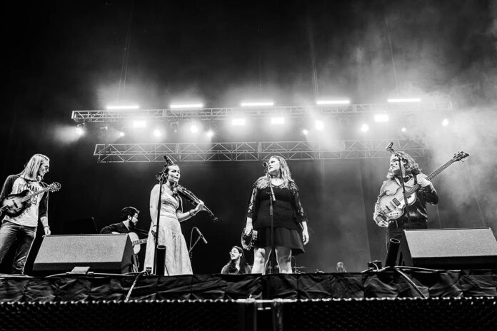 Austin Peay State University’s folk music ensemble, Fiddlin’ Peayple, opens for rapper Moneybagg Yo at F&M Bank Arena on September 19th. From left: Channing Wright, René Villarreal, Mattie Smith, Ethan Vaughn, Olivia Zerkle, and Zach Lowery. (Contributed photo by Cody Hegler)