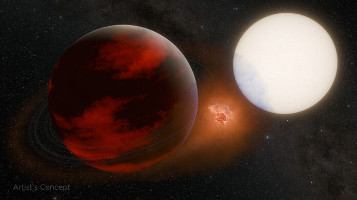 This artist’s concept depicts a potential volcanic moon between the exoplanet WASP-49 b, left, and its parent star. New evidence indicating that a massive sodium cloud observed near WASP-49 b is produced by neither the planet nor the star has prompted researchers to ask if its origin could be an exomoon. (NASA/JPL-Caltech)